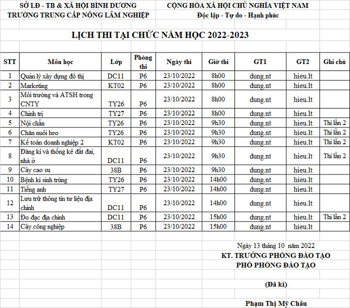 Lịch thi các lớp vừa làm vừa học ngày 23-10-2022